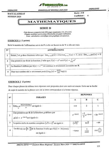 Bac blanc régional 2024 Maths Serie D dren Divo sujet+barème by Tehua