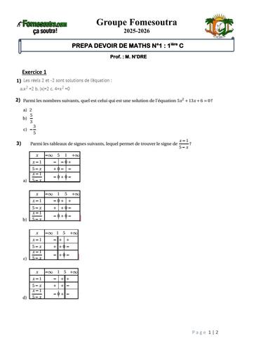 FICHE DE MATHS prepa devoir maths 1ière C EQUATIONS ET INEQUATIONS dans IIR 2025 2026 by TEHUA