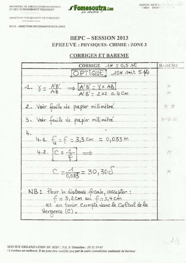 Corrigé de Physique Chimie BEPC 2013 zone 3