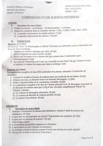 DEVOIR MATHS ET PC 3ème  PMK   2021 2022 by TEHUA