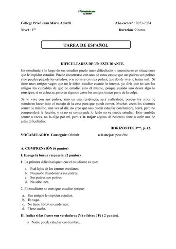 DEVOIR D'ESPAGNOL NIVEAU 1ière CP JMA 2024 BY TEHUA