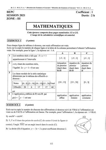 EPREUVE BEPC 2021 MATHEMATIQUES Zone 3 COTE D'IVOIRE by Tehua