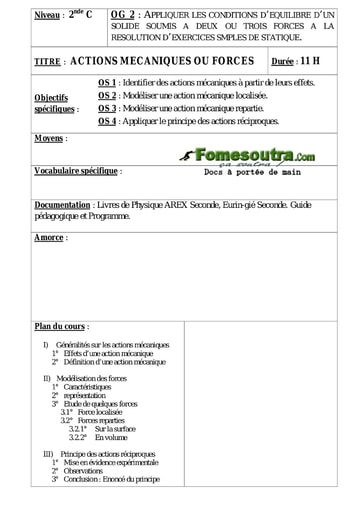 Actions mécaniques ou forces - Cours de Physique 2nd C