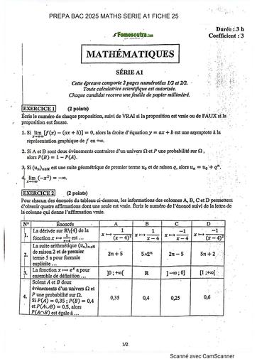 PREPA BAC 2025 MATHS SERIE A SUJET 25 AVEC CORRIGE by TEHUA