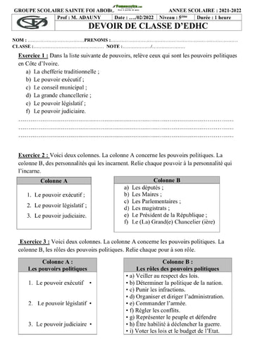 Devoir de EDHC Niveau 5ème Collège Sainte Foi Abidjan 2021-2022