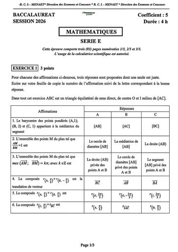 BAC 2026 Maths série E Sujet CI By TEHUA