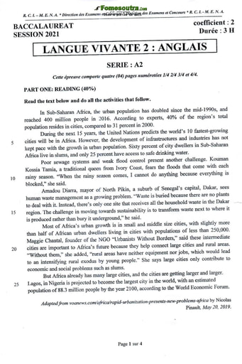 Sujet corrigé et barème d'Anglais LV2 BAC A2 2021