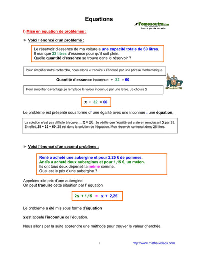 Equations - Cours maths niveau 4eme