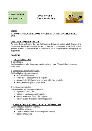 EDHC 6ème L5 LA CONSTITUTION DE LA COTE D’IVOIRE ET LA PRESERVATION DE LA PAIX