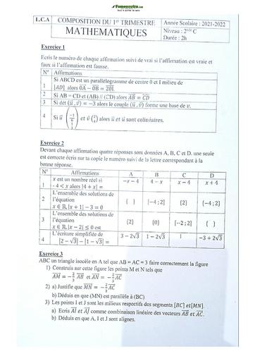 Sujet de Mathématiques Seconde C Lycée Classique Abidjan 21-22