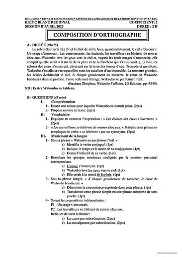 SUJET BEPC BLANC 2023 COMPOSITION D'ORTHOGRAPHE REGIONAL COTE D'IVOIRE