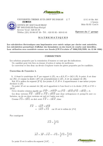 Corrigé du sujet de Maths des BAC S1 S3 2012 - Sénégal