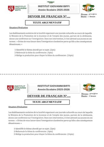DEVOIR DE FR N°1 4ième 3ième (sujet de reflexion) INSTITUT GIOVANNI BIFFI Octobre 2025 by TEHUA