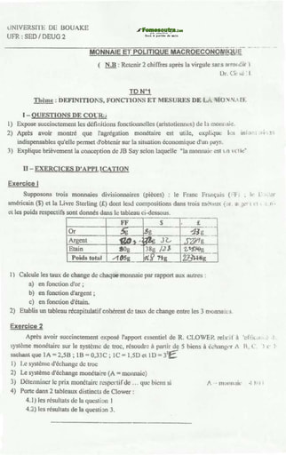 TD (4) Monnaie et Politique Microéconomique - DEUG II - UFR SED - Université de Bouaké