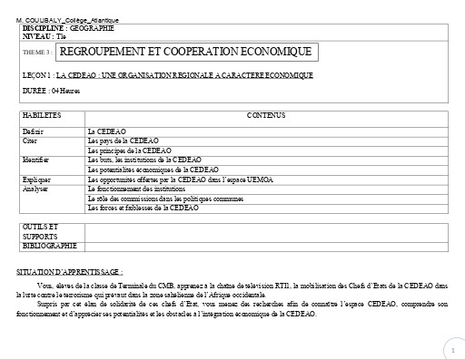TH3 G1 TLE LA CEDEAO UNE ORGANISATION REGIONALE A CARACTERE ECONOMIQUE