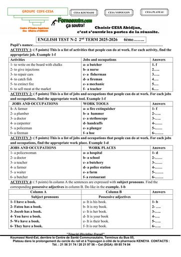 DEVOIR N°2 D'ANGLAIS 6ième TIMESTRE 2 by TEHUA
