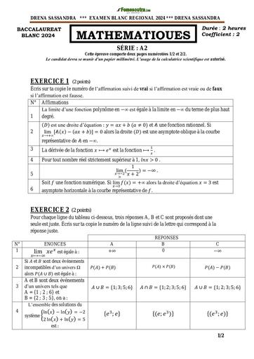 BAC blanc 2024 MATHS A2 dren sassandra by Tehua