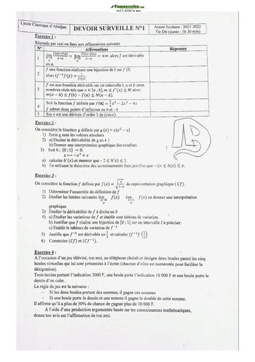 Sujets de Mathématique série D Lycée Classique d'Abidjan 2021-2022