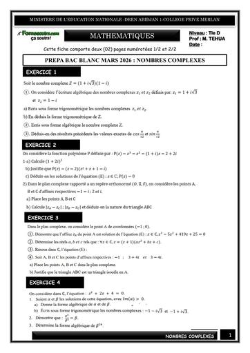 FICHE DE PREPA BAC BLANC MARS 2026 DREN 1 MATHS NOMBRES COMPLEXE BY TEHUA