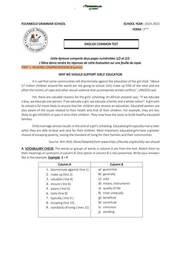 DEVOIR D'ANGLAIS 3ième N°2 LYCEE 2023 BY TEHUA