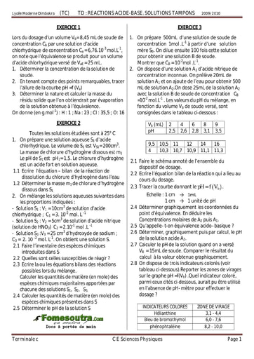 Sujet (2) Réactions acide-base - Solutions tampons - Chimie Terminale C