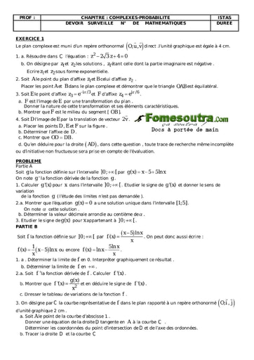 Devoir corrigé (32) de maths niveau Terminale D