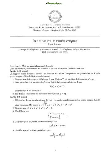 Epreuve de Mathématiques concours IPSL session 2015 by TEHUA