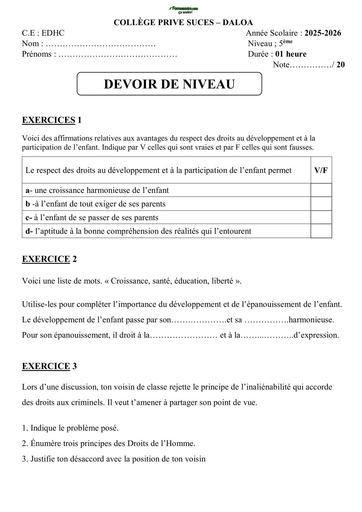 Sujet 5ième DEVOIR EDHC 5ème Collège privé Succès de Daloa By Tehua