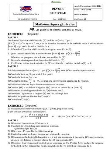 BTP Devoir de niveau 2024  GBAT2  MATHS GENERALES BY TEHUA