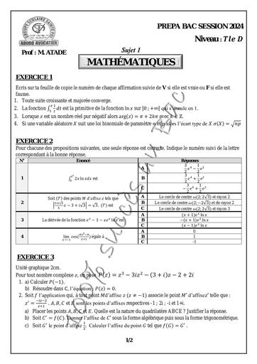 PREPA BAC 2024 SUJET 1 Maths serie D ste Foi Abobo by Tehua