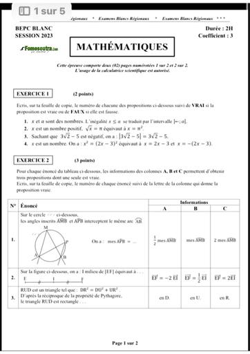 Bepc blanc 2023 Maths sujet+barème by Tehua