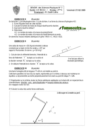 Devoir (9) de Physique-Chimie 2nde C - EMPT Bingerville