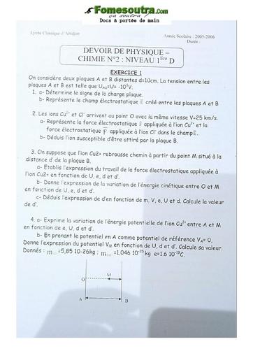 Sujet de Physique-Chimie Niveau Première D Lycée Classique Abidjan