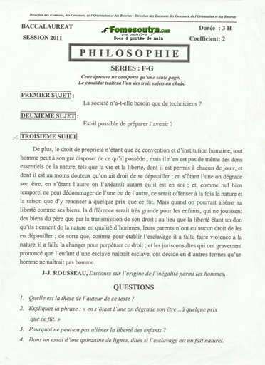 Sujet de Philosophie du BAC F 2011