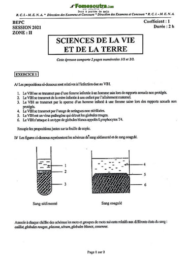 Sujet de SVT BEPC 2021 zone 2