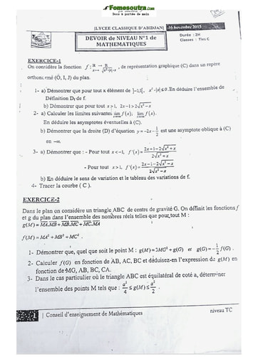 Devoir de Mathématiques Terminale C Lycée Classique Abidjan 2016