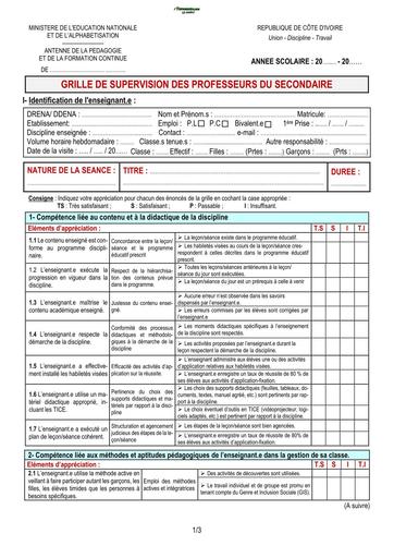 GRILLE DE SUPERVISION DES PROFESSEURS DU SECONDAIRE by TEHUA