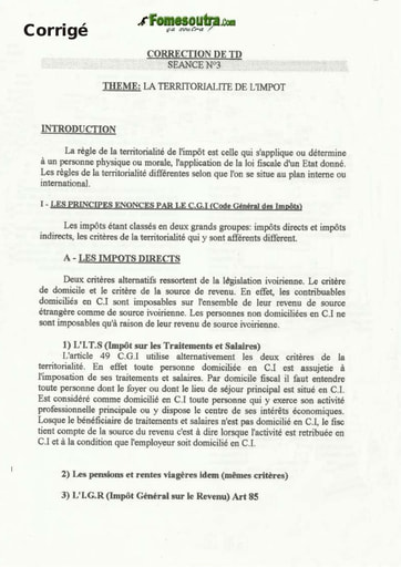 Corrigé TD La territorialité de l’impôt  - Licence droit