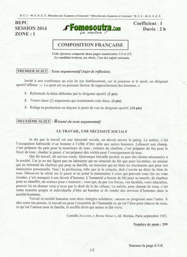 Sujet de Composition française BEPC 2014 zone 1