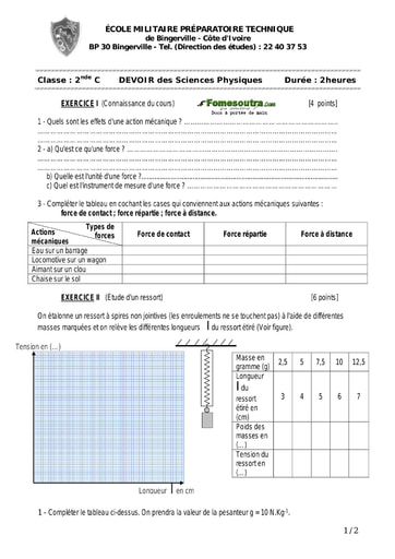 Devoir (27) de Physique-Chimie 2nde C - EMPT Bingerville