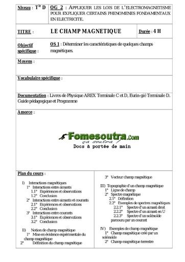 Le champ magnétique - Cours Physique Terminale D