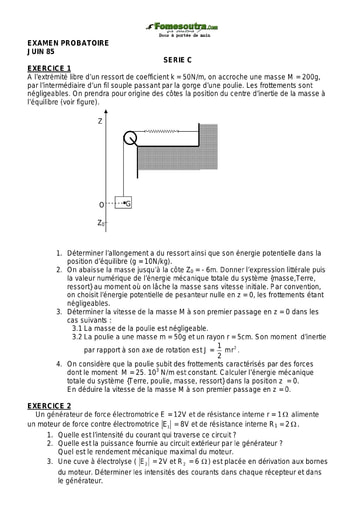 Sujet de Physique-Chimie 1 ère C examen Probatoire 1985