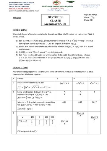DEVOIR DE MATHS TLE D COLLEGE FIFUIER ATADE 2026 BY TEHUA