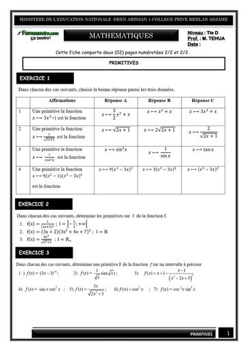 FICHE DE TRAVAUX DIRIGES Tle D MATHS PRIMITIVES BY TEHUA