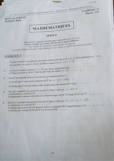 Sujet corrigé et barème de Maths BAC D 2018