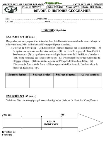 Devoir Histoire-Géographie 2nde A1 2021-2022