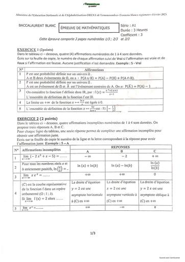 BAC Blanc Yamoussoukro Mathématiques A1 FEVRIER 2025 BY TEHUA