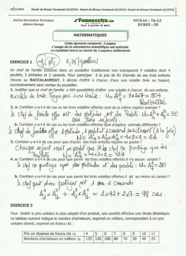 Sujet et Corrigé de devoir de niveau 1 de Maths série G2 ADAMA SANOGO