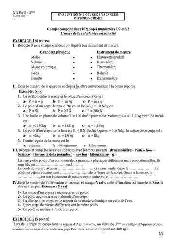DEVOIR 1 PC 3ème Cours de Vacances Aout 2022