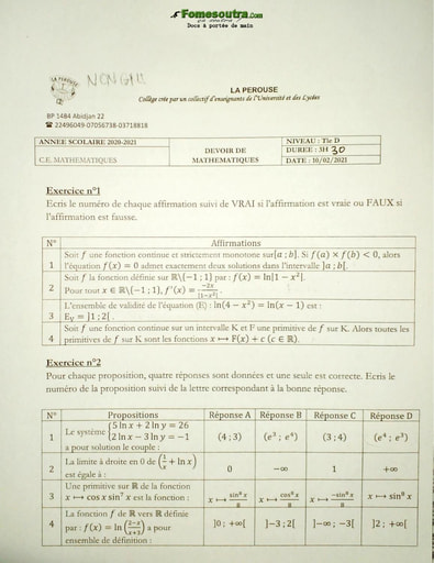 Devoir (2) de Mathématiques niveau Tle D - Collège La Pérouse - Année scolaire 2021-2022